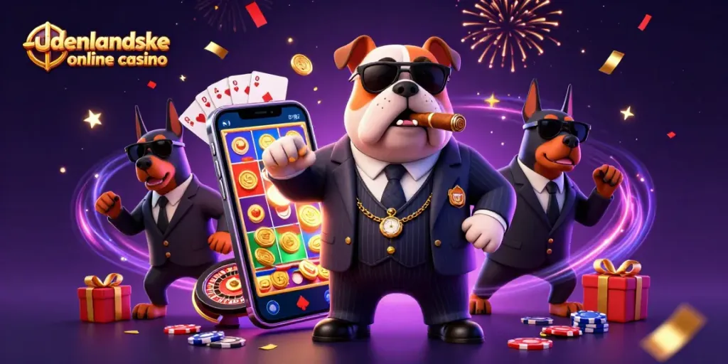 Experience the excitement of udenlandske online casino with a lively 3D scene featuring playful characters and games.
