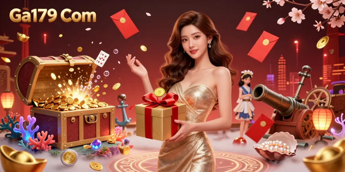 Engage with thrilling experiences at Ga179 Com, showcasing a stunning Asian woman celebrating with gold coins in a vibrant casino atmosphere.