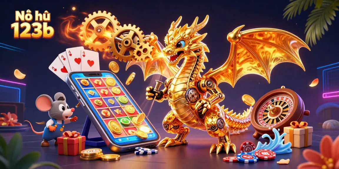 Nổ hũ 123b showcasing vibrant slot games with a dynamic golden dragon and exciting casino elements.