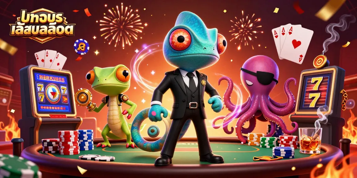 Engage with ทดลองเล่นสล็อต in a vivid casino scene featuring a chameleon secret agent, gecko tech genius, and octopus villain.