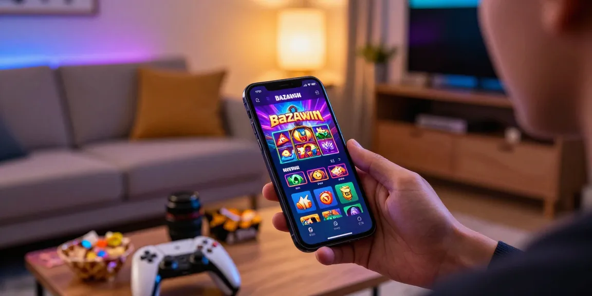 Exciting BAZAWIN app download apk scene with vibrant gaming graphics and a user enjoying online slots and sports betting.