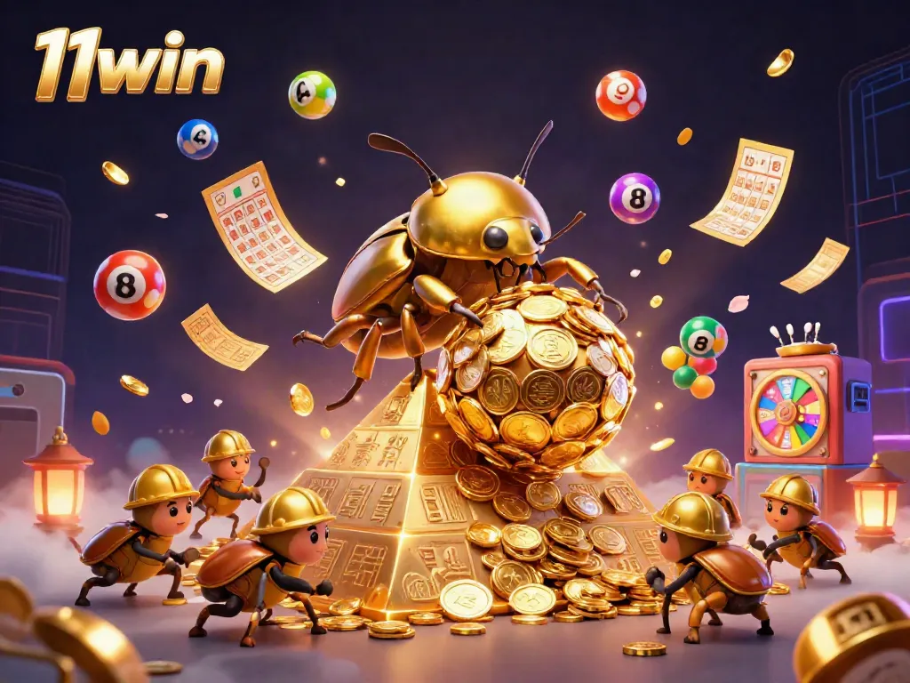 Engage with 11win's dynamic gambling universe filled with golden coins, vibrant lottery balls, and mesmerizing casino symbols