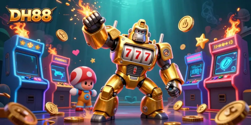 Experience thrilling wins at DH88 with a dynamic scene featuring a golden mech and playful gaming elements.