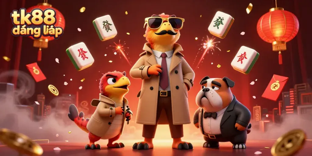 Join the excitement at tk88 đăng nhập with cartoon raptors trying to enter a casino, surrounded by festive elements.