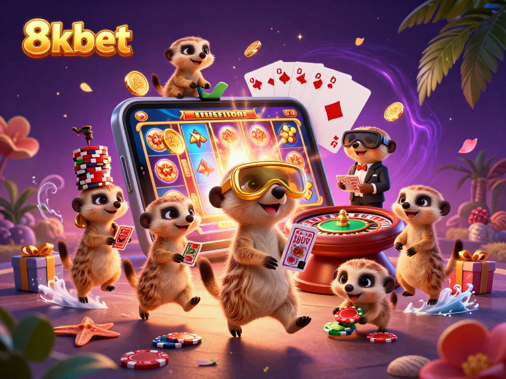 Experience thrilling gaming at 8xbet's vibrant cartoon casino with meerkats managing the excitement.
