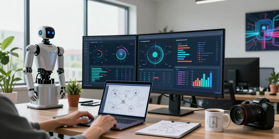 Data scientist analyzing agentic AI applications in a modern workspace with technology displays and AI elements.