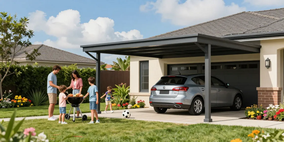 Eleganter Carport im sonnigen Garten mit spielenden Kindern und grillender Familie.