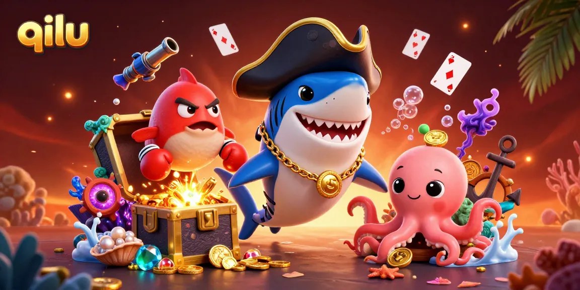 Spin big wins with qilu in this vibrant 3D casino-themed scene featuring lively sea creatures.