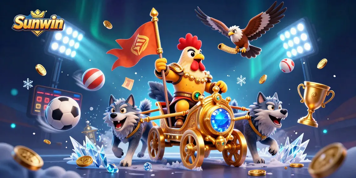 Sunwin presents a thrilling 3D depiction of a rooster warlord in a golden chariot amidst dynamic sports elements.