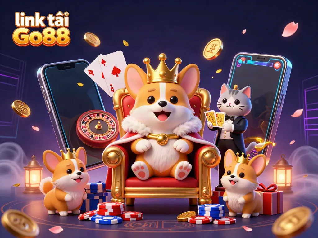 Play the exciting game with link tải Go88 featuring a royal corgi surrounded by vibrant casino elements.