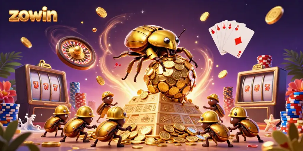 Experience the thrill of zowin with a captivating casino-themed illustration showcasing coins, cards, and vibrant visual elements.