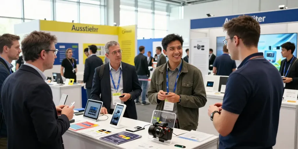 Engaging tradeshow with diverse exhibitors demonstrating innovative products under bright banners featuring "Aussteller".
