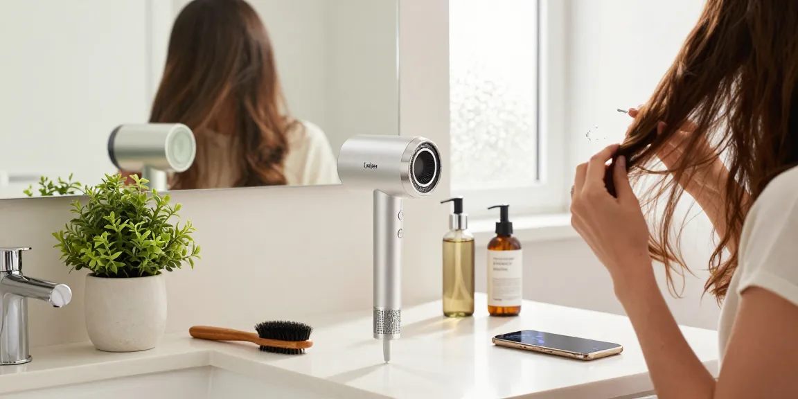 Laifen Föhn auf dem Badezimmerwaschtisch, umgeben von Stylingprodukten und Pflanzen, für eine stilvolle Morgenroutine.