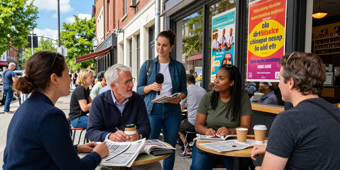 Journalist interviewing locals about community events in newsbochum, engaging atmosphere.