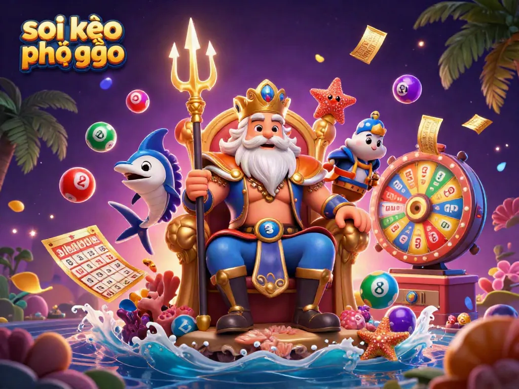 Soi kèo phạt góc illustrated with sea king Neptune, dynamic price elements, and vibrant colors.