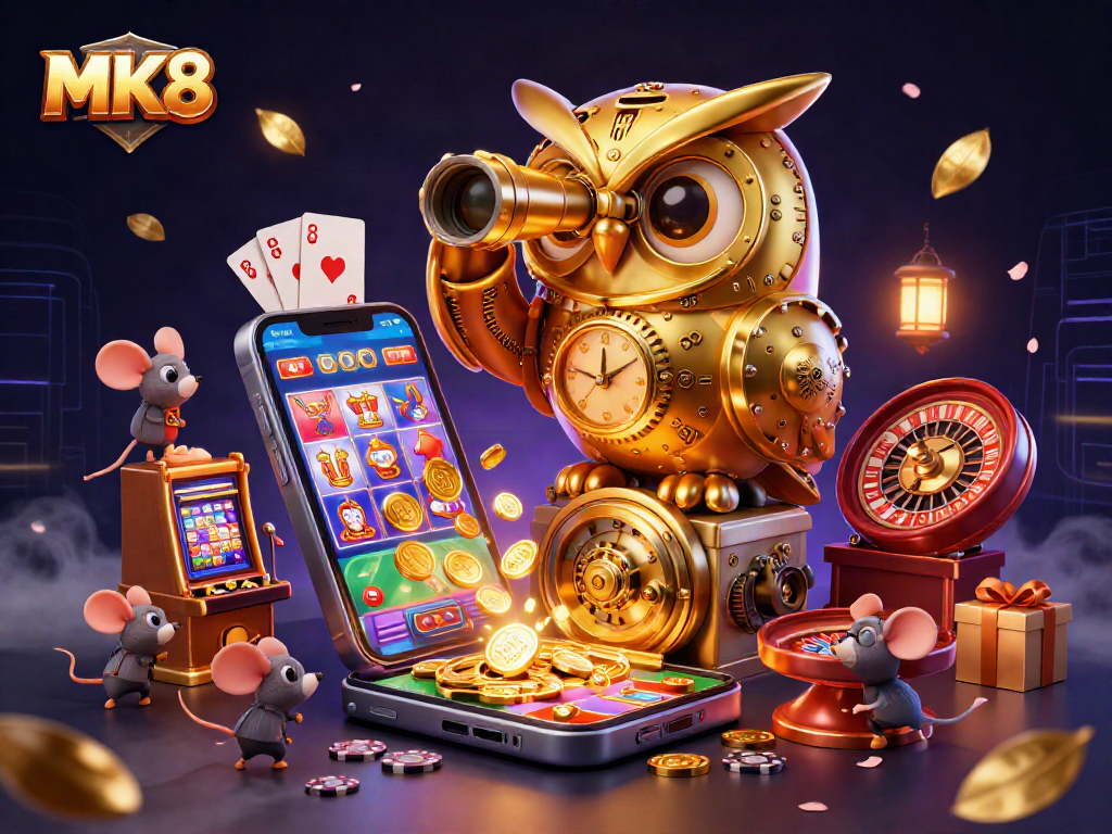 Engage in MK8 casino thrills with captivating 3D owl, slot game action, and vibrant gold coins.