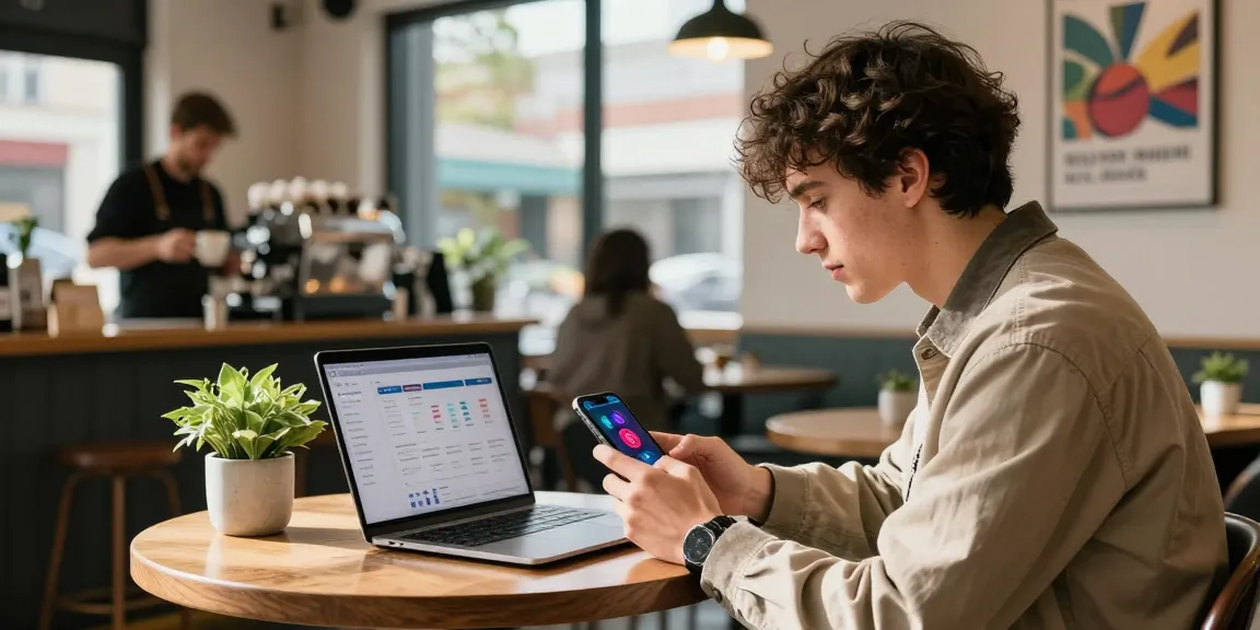 Männliche Instagram Follower kaufen, junger Mann in stylischer Kleidung überprüft Instagram-Analytics in einem Café.