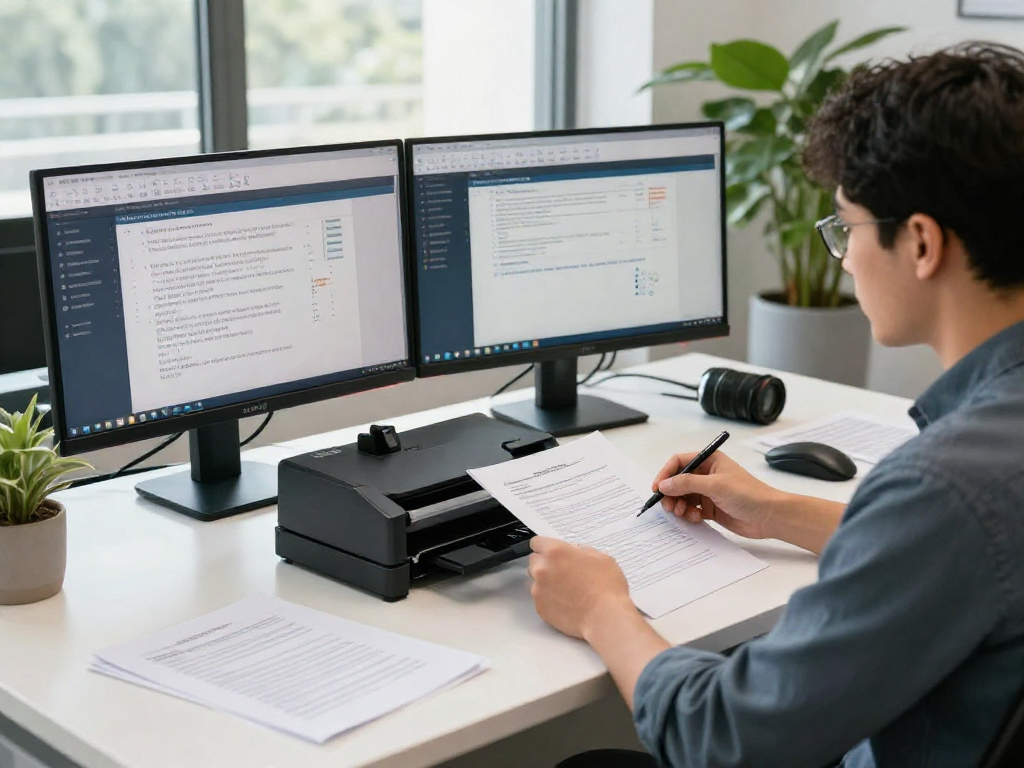 Document fraud detection scene featuring an analyst evaluating documents in a modern workspace with advanced technology.