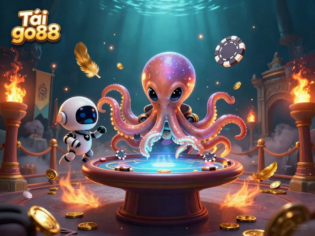 Experience Tải go88 with an animated alien octopus at a holographic poker table surrounded by vibrant casino elements.