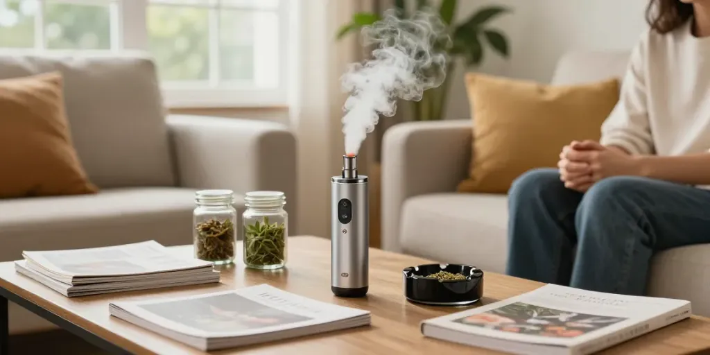Relaxed session comparing konvektion vs konduktion vaporizer principles with fresh herbs and cozy ambiance.