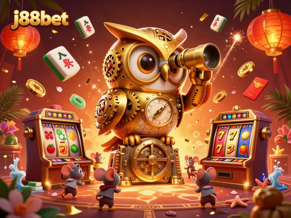 Engage with the thrilling world of j88bet as a golden owl surveys a vibrant casino scene filled with vibrant slot machines.