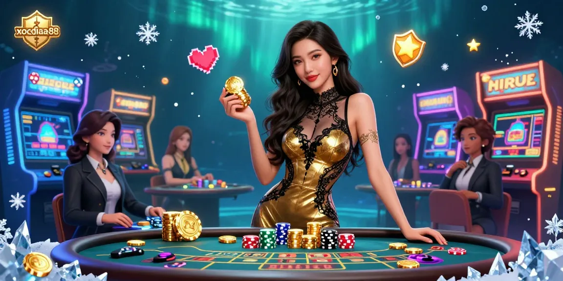 Xocdiaa88 showcases a glamorous woman playing high-stakes baccarat while surrounded by vibrant gaming elements.