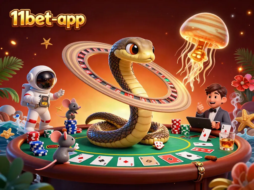 Bet on exciting games with 11bet-app's vivid cosmic casino scene featuring animated characters.