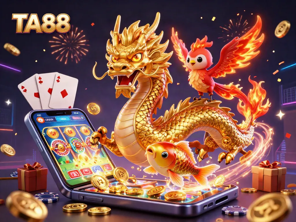 Engage with TA88 for stunning visual experiences featuring a golden dragon, vibrant coins, and casino fun.