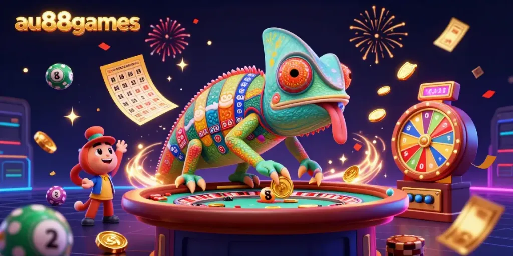 Experience excitement with au88games, featuring an animated chameleon casino owner amidst dynamic gambling elements.