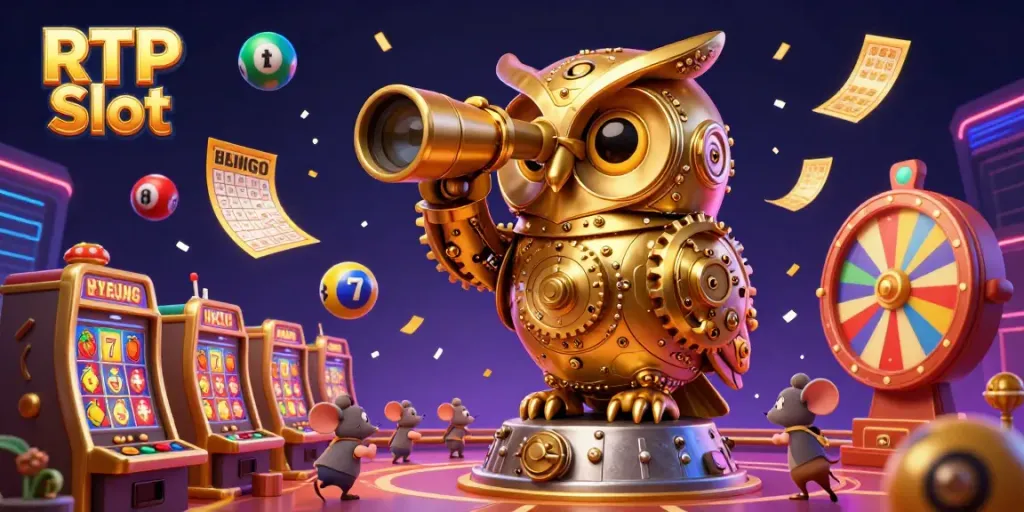 Experience the action of RTP Slot with a golden owl scanning a casino, vibrant slot machines, and bouncing lottery balls.