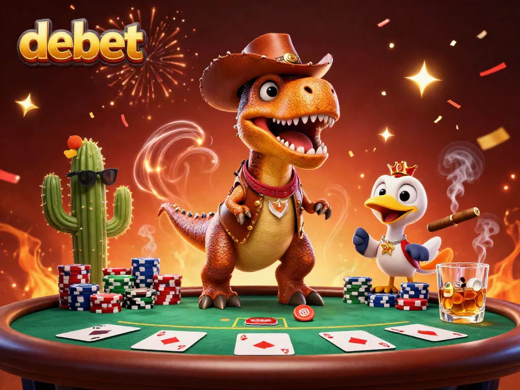 Join the exciting debet casino with a dynamic scene featuring animated characters playing poker and celebrating.