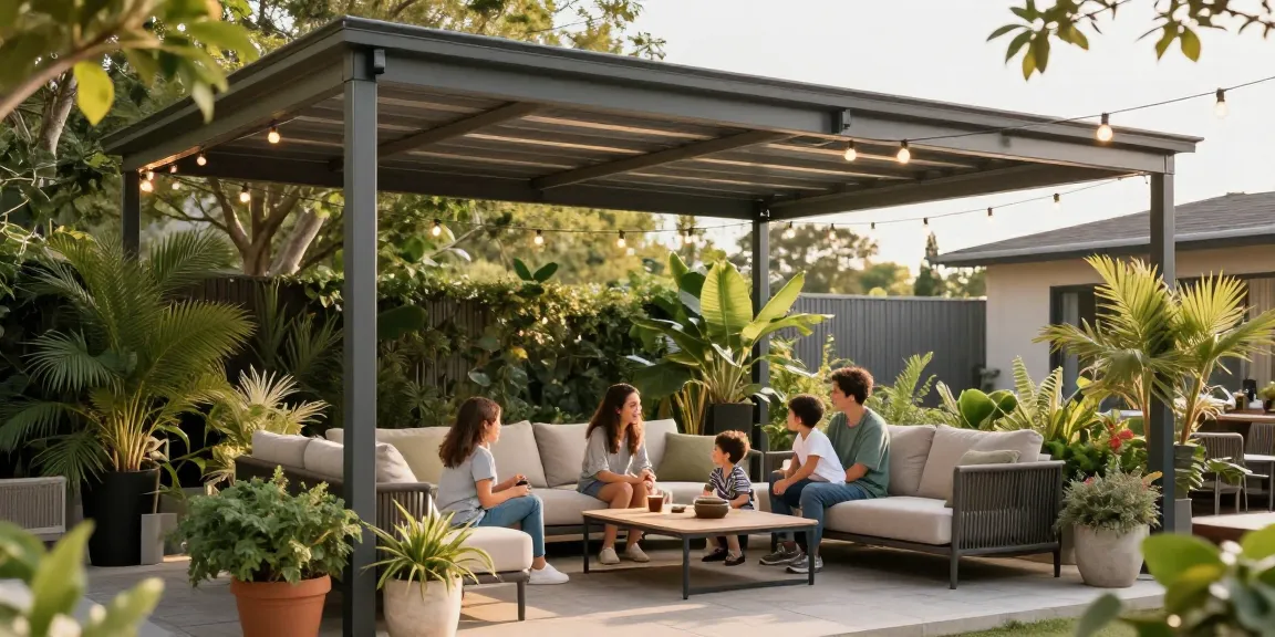 Moderne Terrassenüberdachung schützt Familie bei sonnigem Wetter
