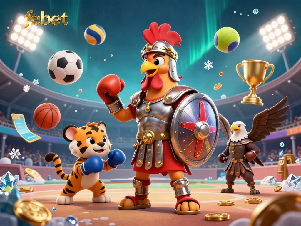 Experience thrilling gameplay with febet as a gladiator rooster interacts in a vibrant casino scene.