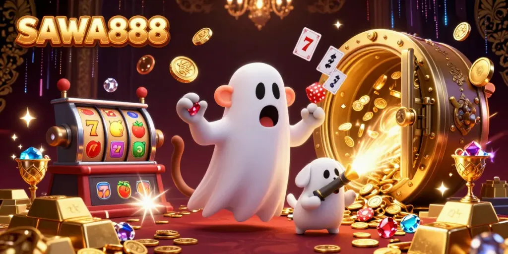 SAWA888 captures thrill as a ghost-hunter puppy tracks a mischievous monkey in a glittering casino.