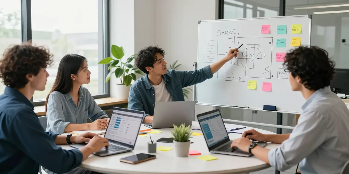 Web Agentur-Team, das in einem modernen Büro an digitalen Marketingstrategien zusammenarbeitet.