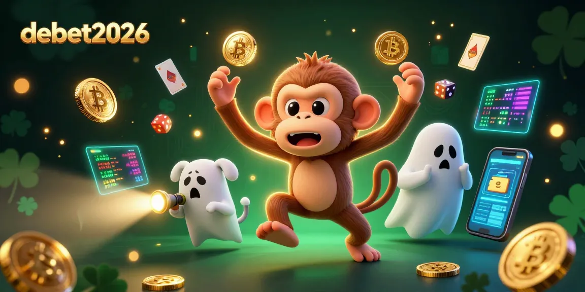 Engage in thrilling games with debet2026 featuring a playful ghost monkey and an inquisitive puppy in a vibrant casino.