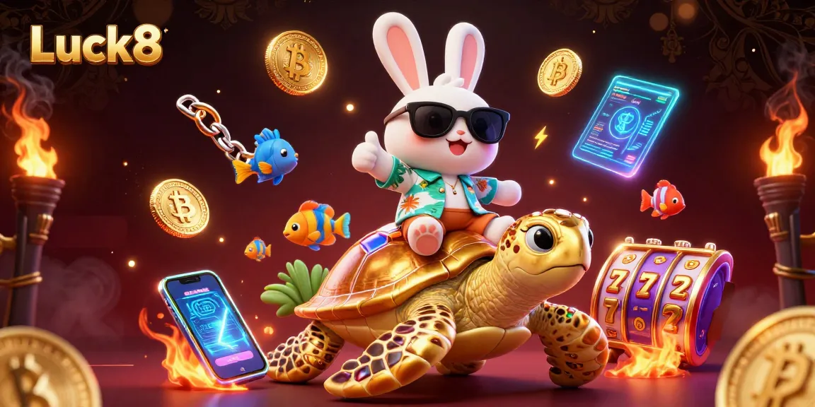 Experience the vibrant energy of Luck8 with a playful rabbit and sea turtle in an exciting casino scene.