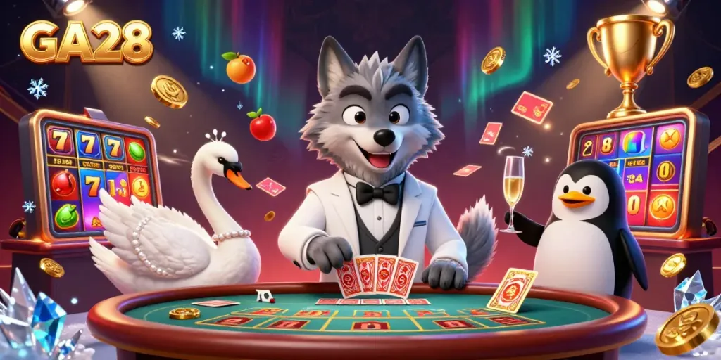 Engage with the rich features of GA28, showcasing an elegant gambling scene with characters and dynamic casino elements.