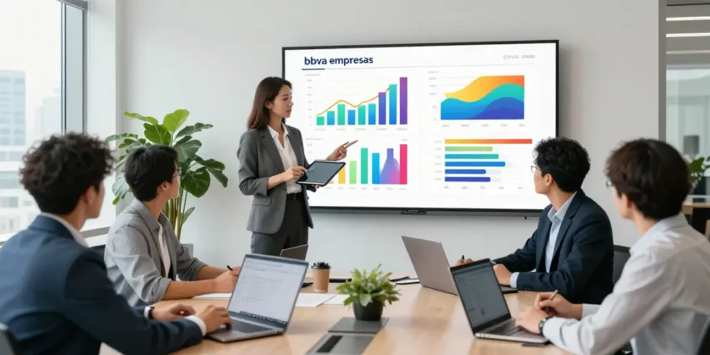 Equipo diverso colaborando en estrategias de bbva empresas en oficina moderna.