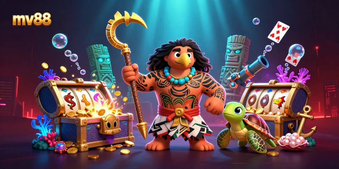 Experience the thrill of mv88 with a vibrant 3D casino scene featuring Maui, a turtle, and glowing treasures!