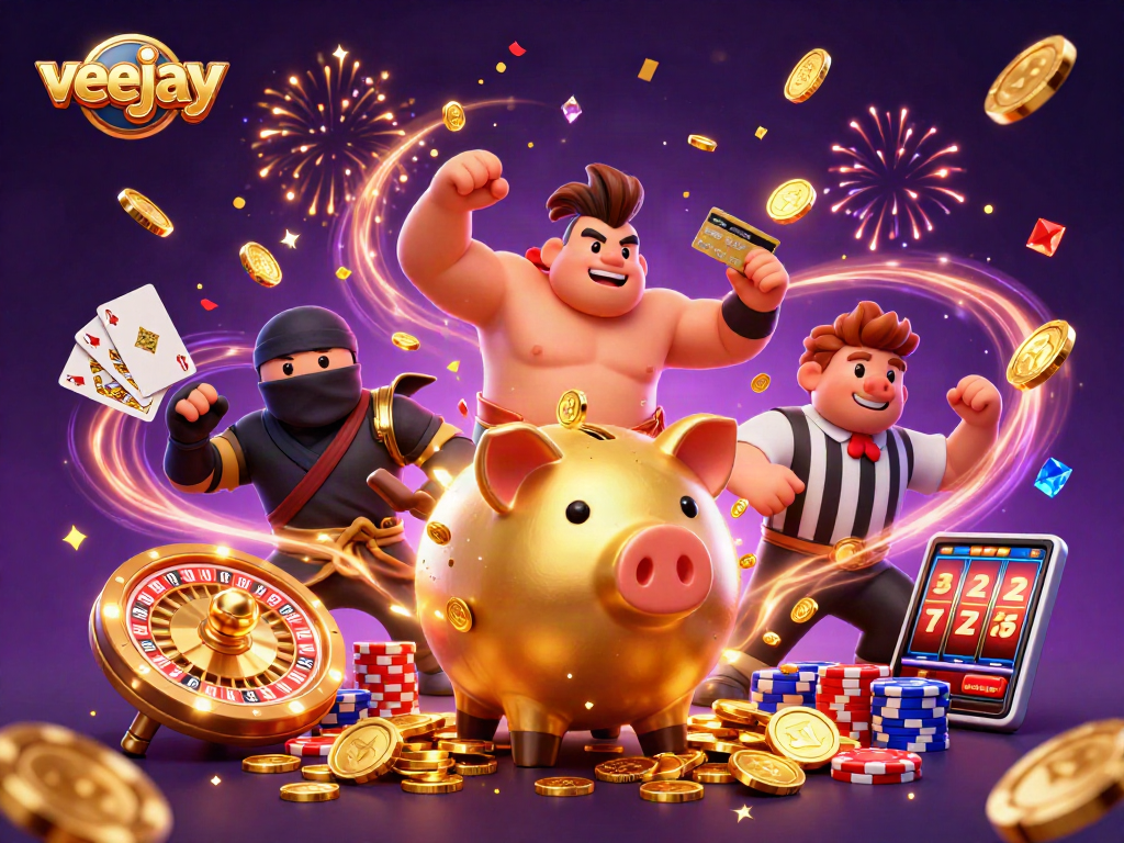 Veejay zeigt seine Gewinne mit bunten Spielkarten und Spielautomaten in einem aufregenden Casino-Szenario.