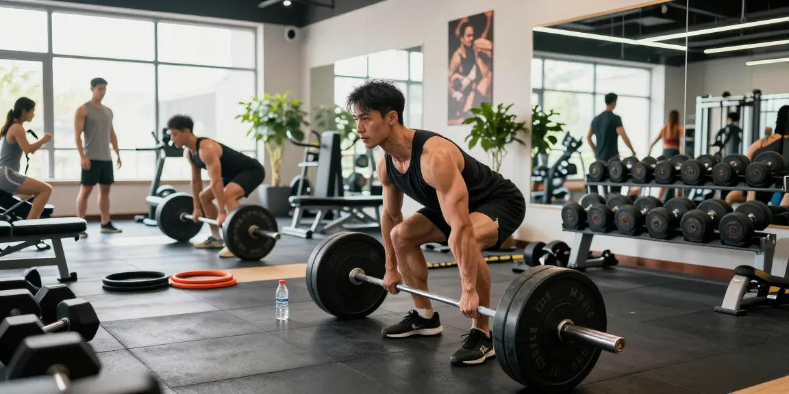 Bodybuilder training with weights in a bright Anabolika Shop gym, showcasing focus and strength.