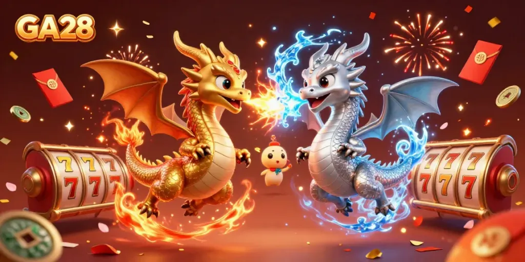 Engage with GA28's dynamic gaming experience through a vibrant dragon battle scene filled with casino energy.