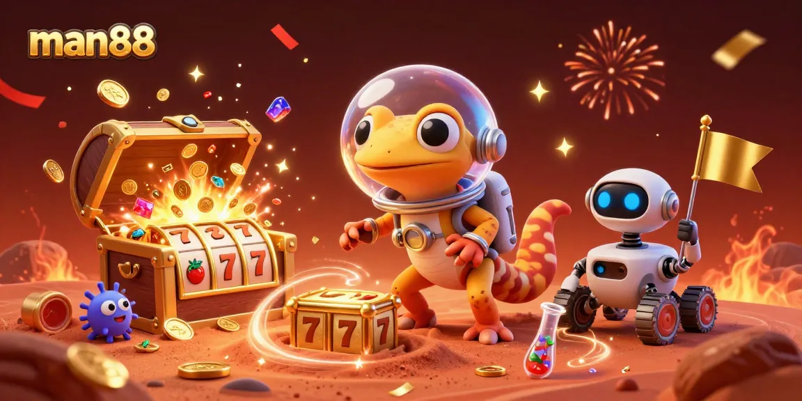 Experience the excitement of man88 with a vibrant 3D casino adventure featuring a Martian gecko!