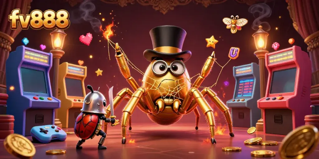Experience the thrill of fv888 with a golden tarantula and brave beetle knight in a dynamic casino scene.