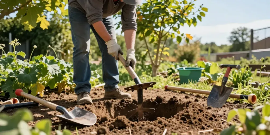 Brunnenbohren im Garten mit manuellem Erdbohrer und Gartenwerkzeugen.