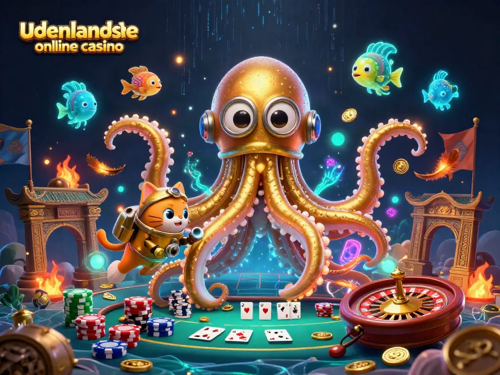 Join the excitement at udenlandske online casino with a vibrant 3D kraken and diving cat illustration.