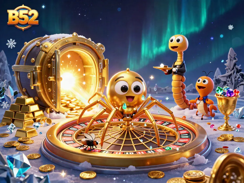 B52-themed casino scene with a golden spider, fly placing bets, and centipede croupier spinning a roulette wheel.