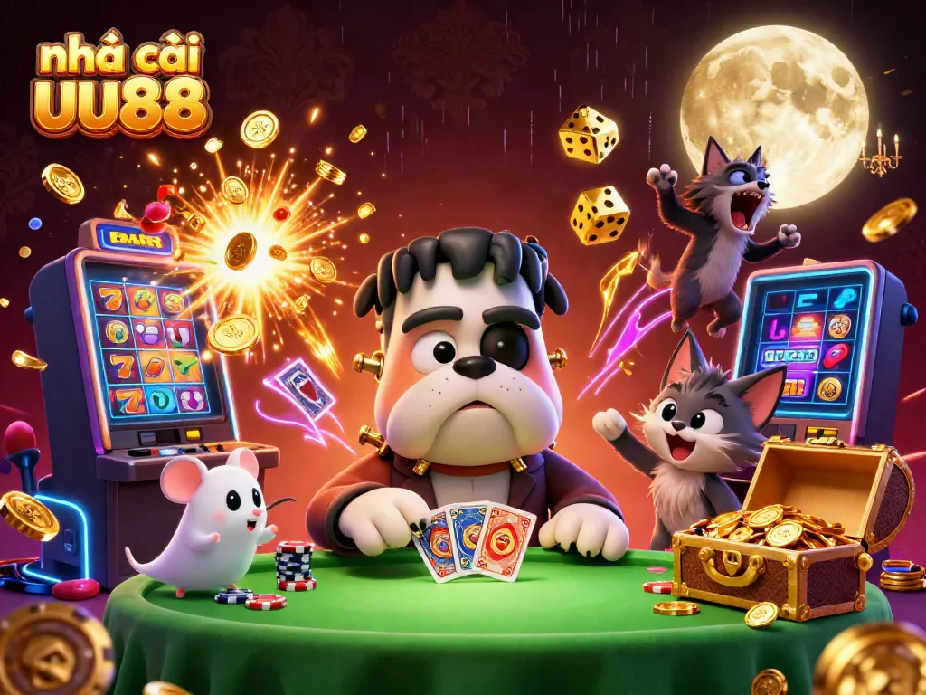 Engage in thrilling gameplay at nhà cái uu88 with a vibrant 3D casino scene featuring unique characters and jackpot excitement.