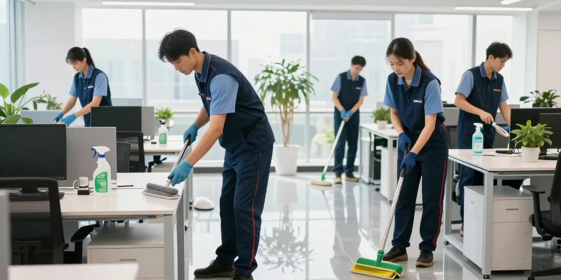 Professionelle Gebäudereinigung Düsseldorf - Reinigungsteam bei der Büroreinigung.